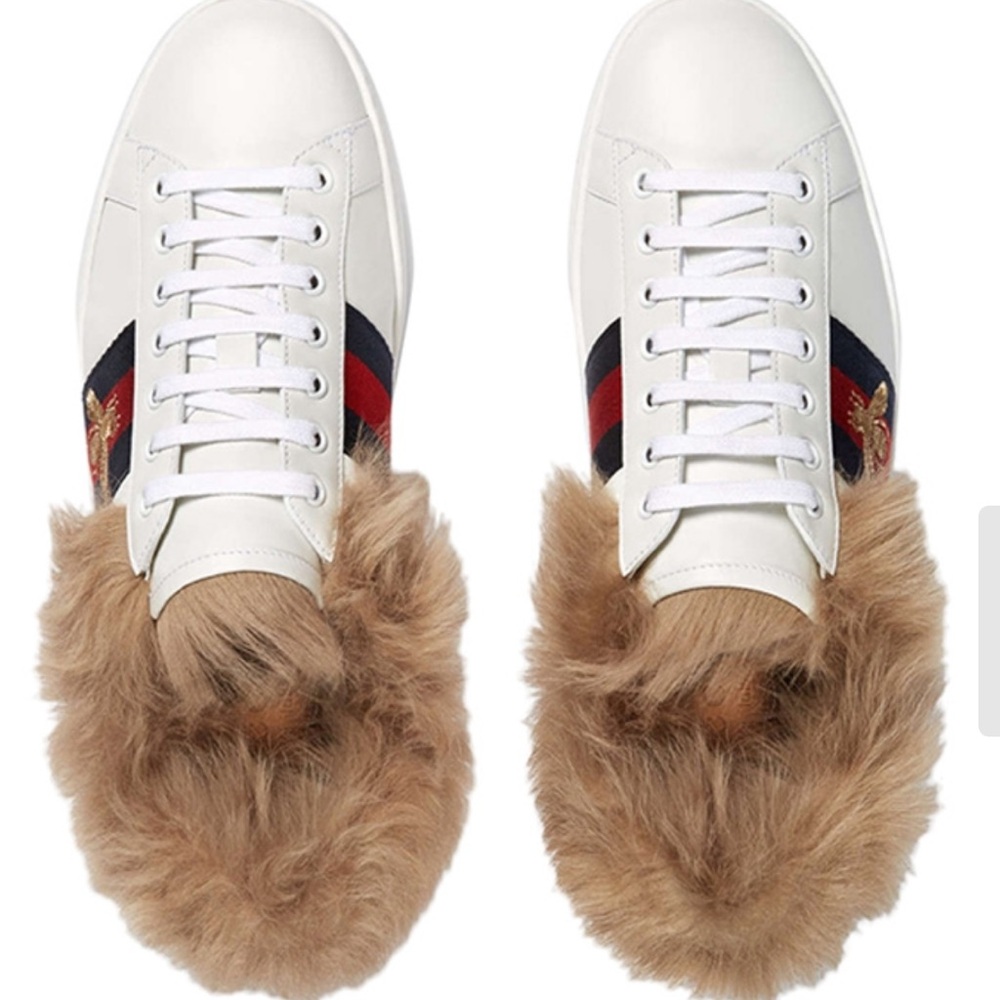 Gucci White Sneakers with Brown Fur and Red Stripe - Picture 2 of 6